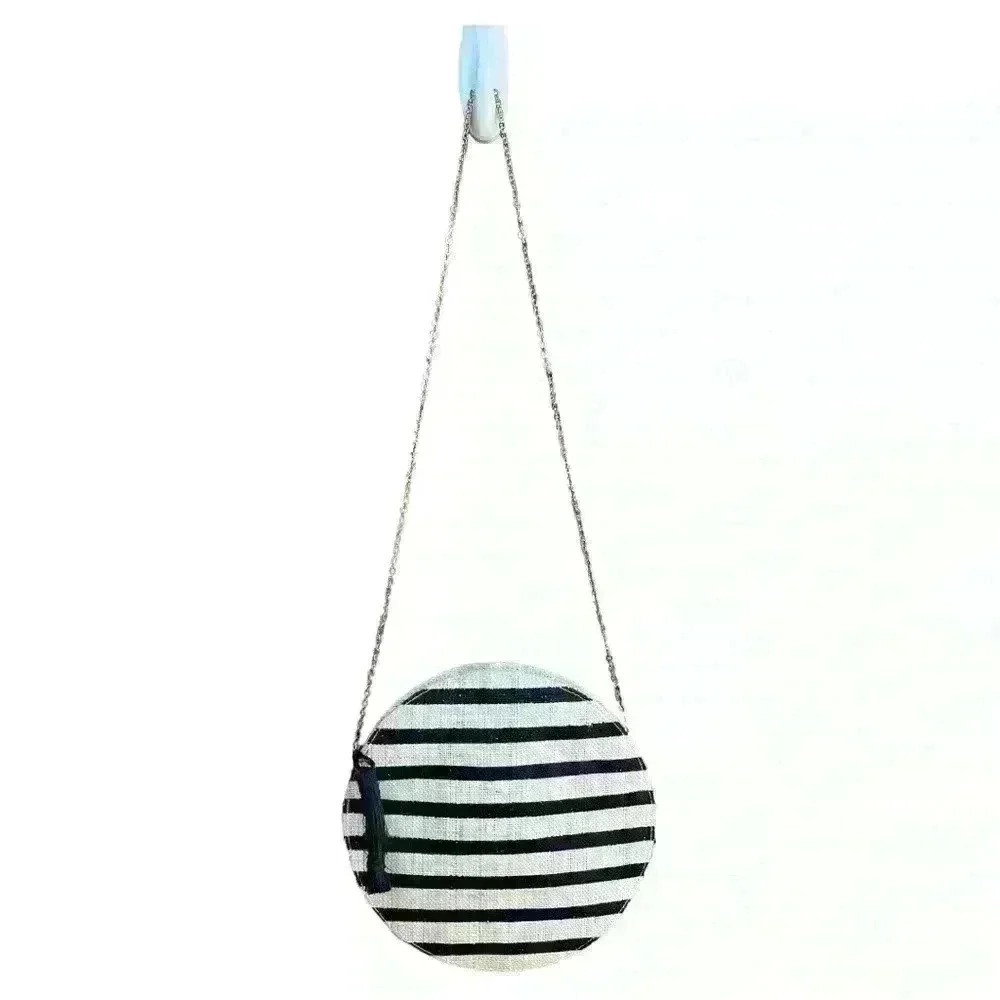 Kayu round straw striped pineapple purse with tassel & chain strap with dust bag - Picture 7 of 11